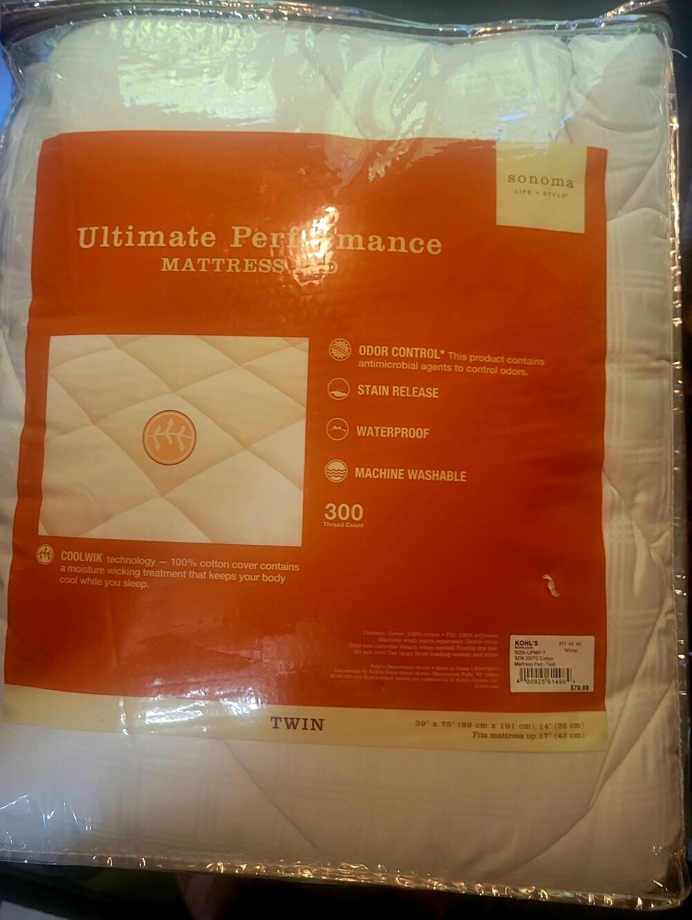 Sonoma White Quilted Twin Mattress Pad with Orange Retail Sleeve